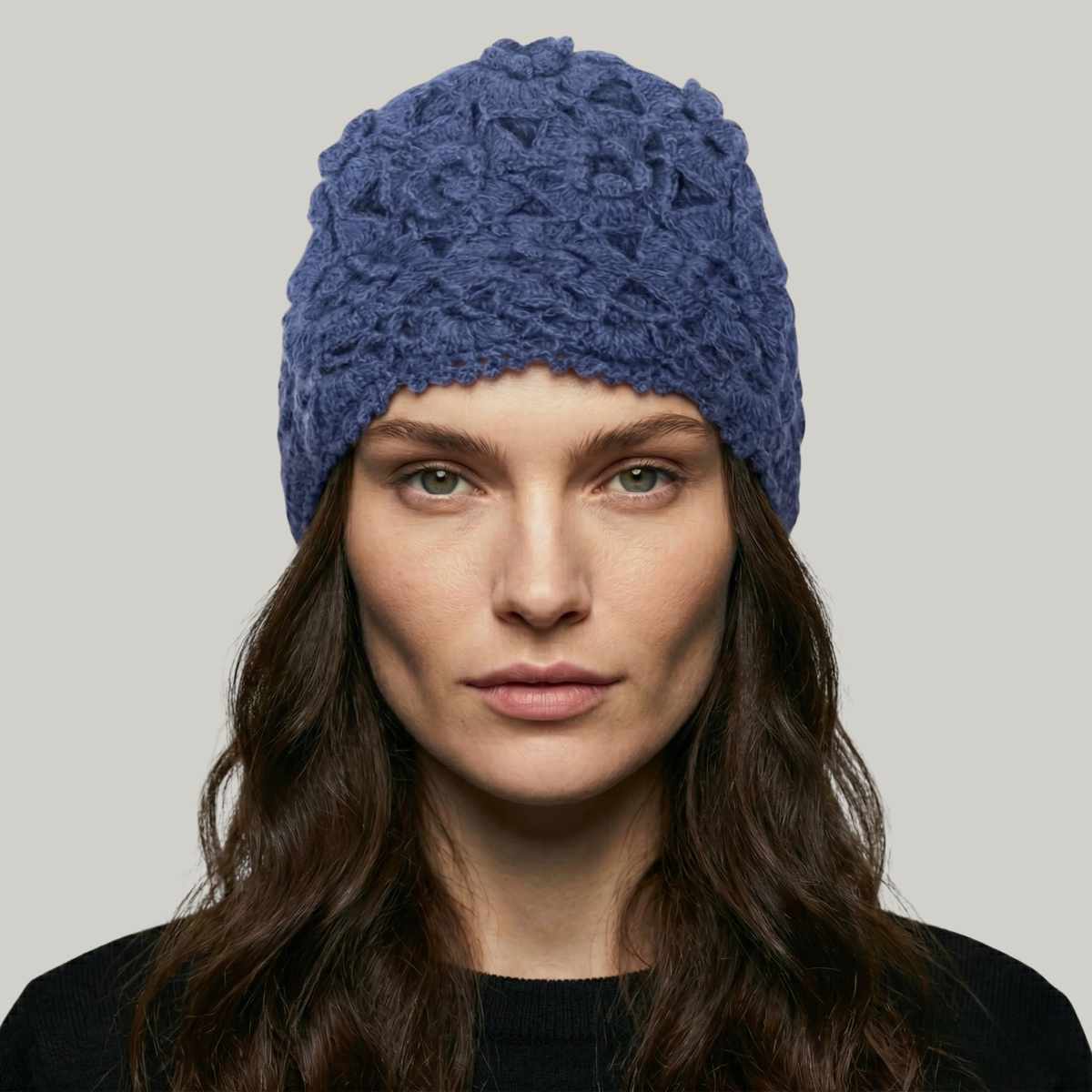 Bonnet Crochet Femme Bleu Fleur
