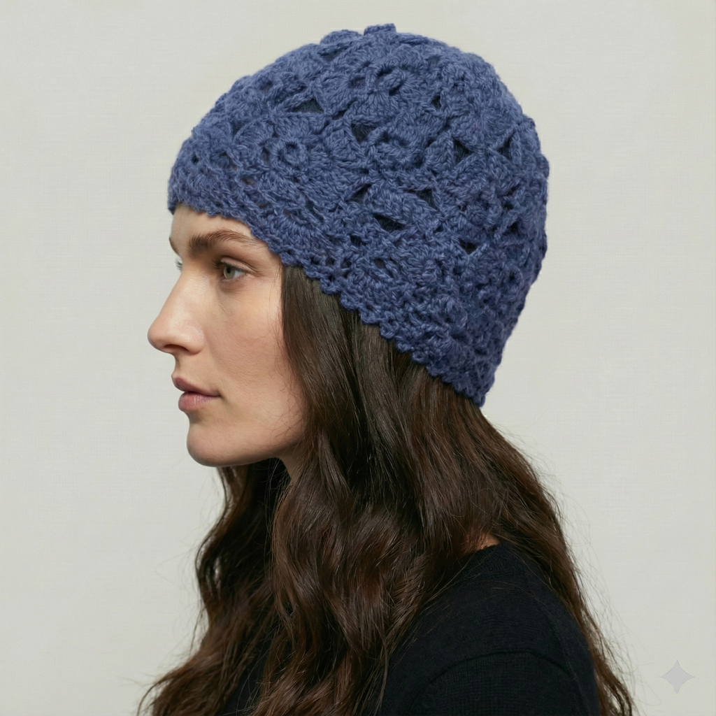 Bonnet Crochet Femme Bleu Fleur