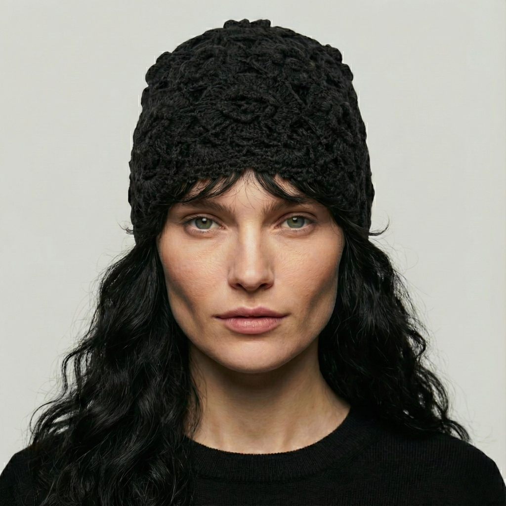 Bonnet Crochet Femme Noir Fleur
