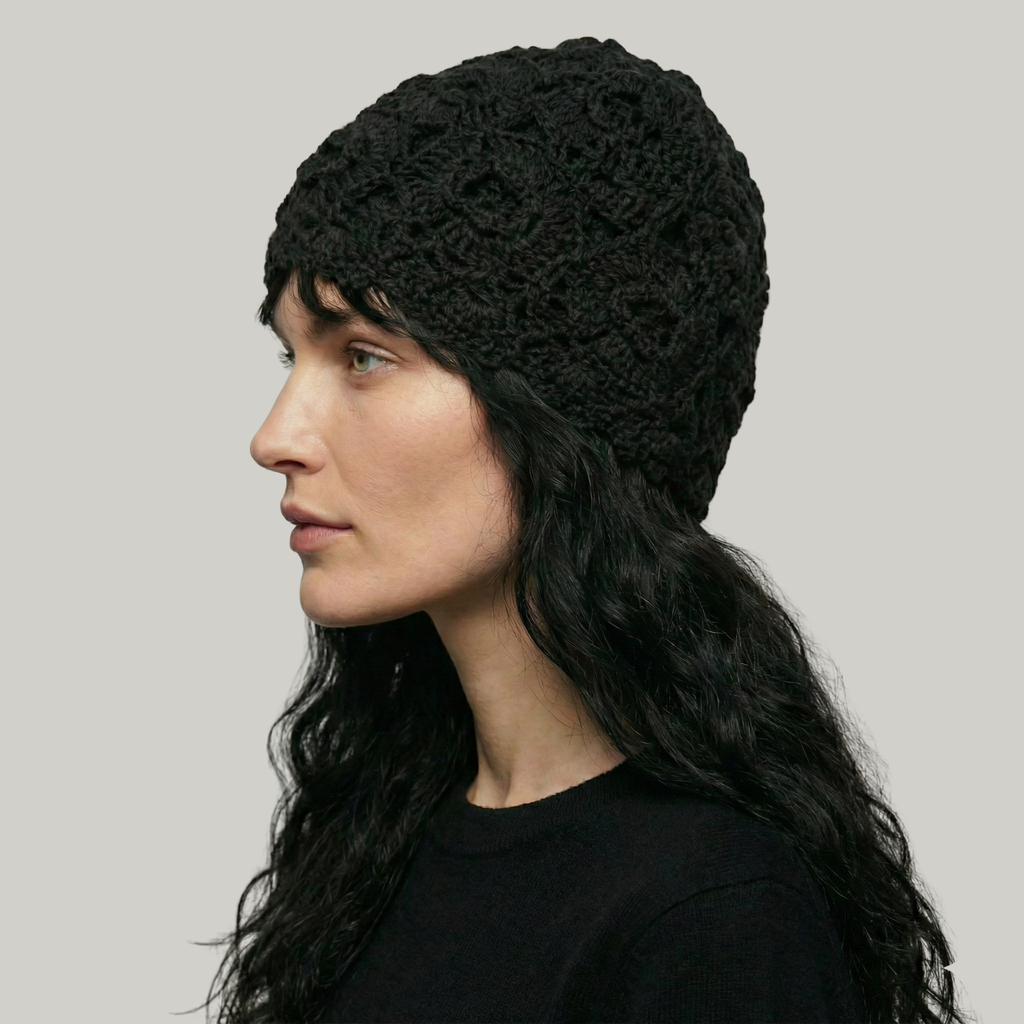 Bonnet Crochet Femme Noir Fleur