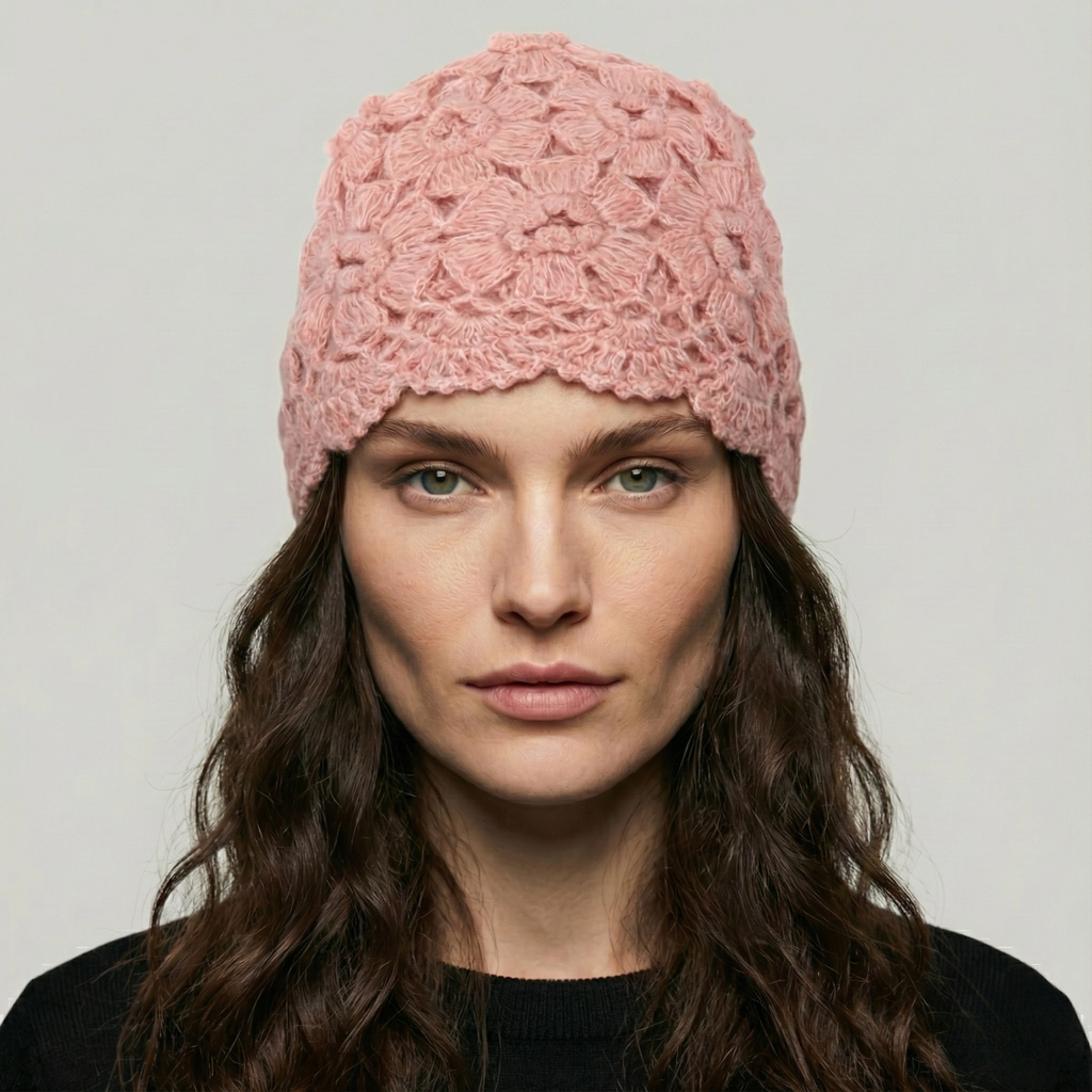 Bonnet Crochet Femme Rose Fleur