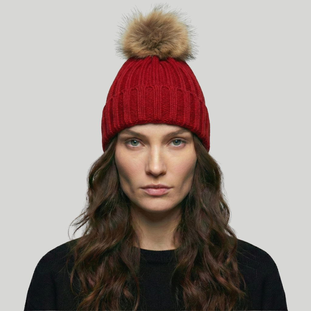 Bonnet Tricot Femme Rouge avec Pompon