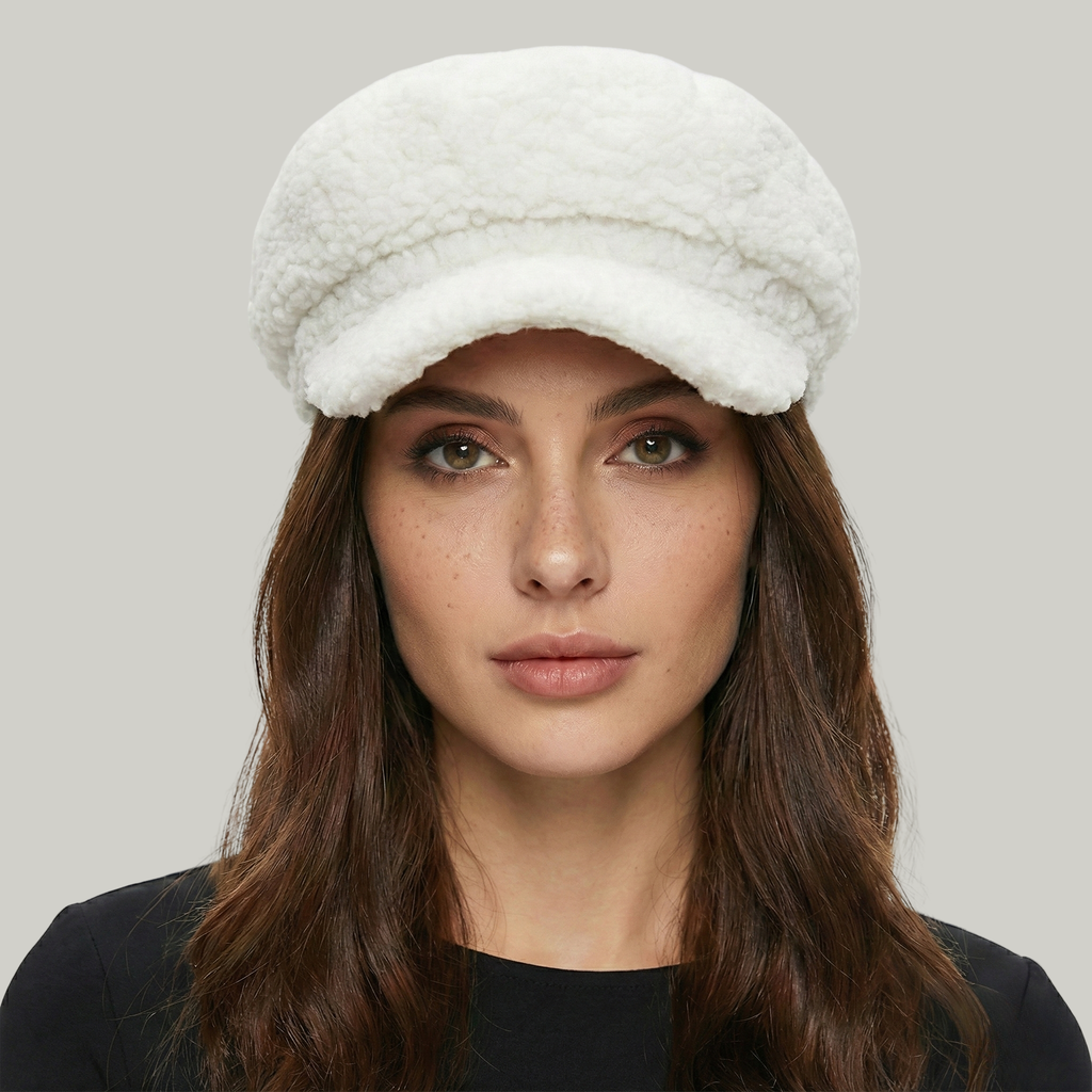 Béret Gavroche Femme Blanc à Fourrure