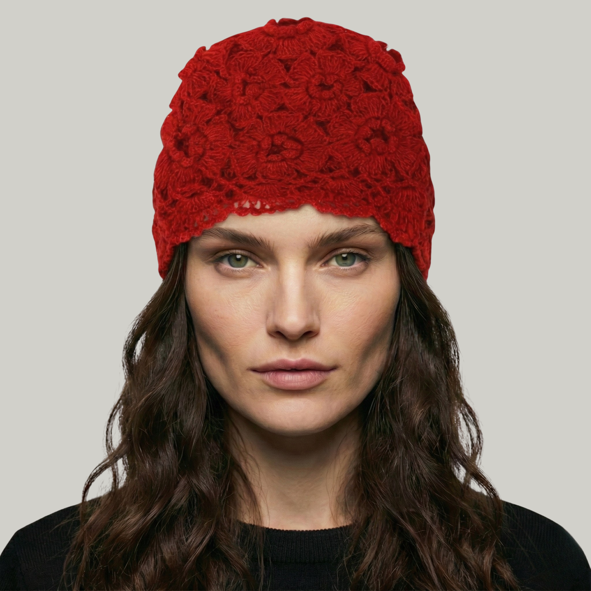Bonnet Crochet Femme Rouge Fleur