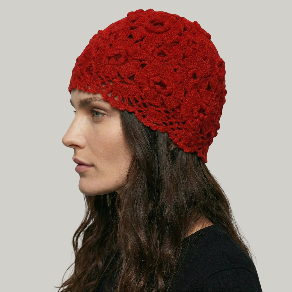 Bonnet Crochet Femme Rouge Fleur