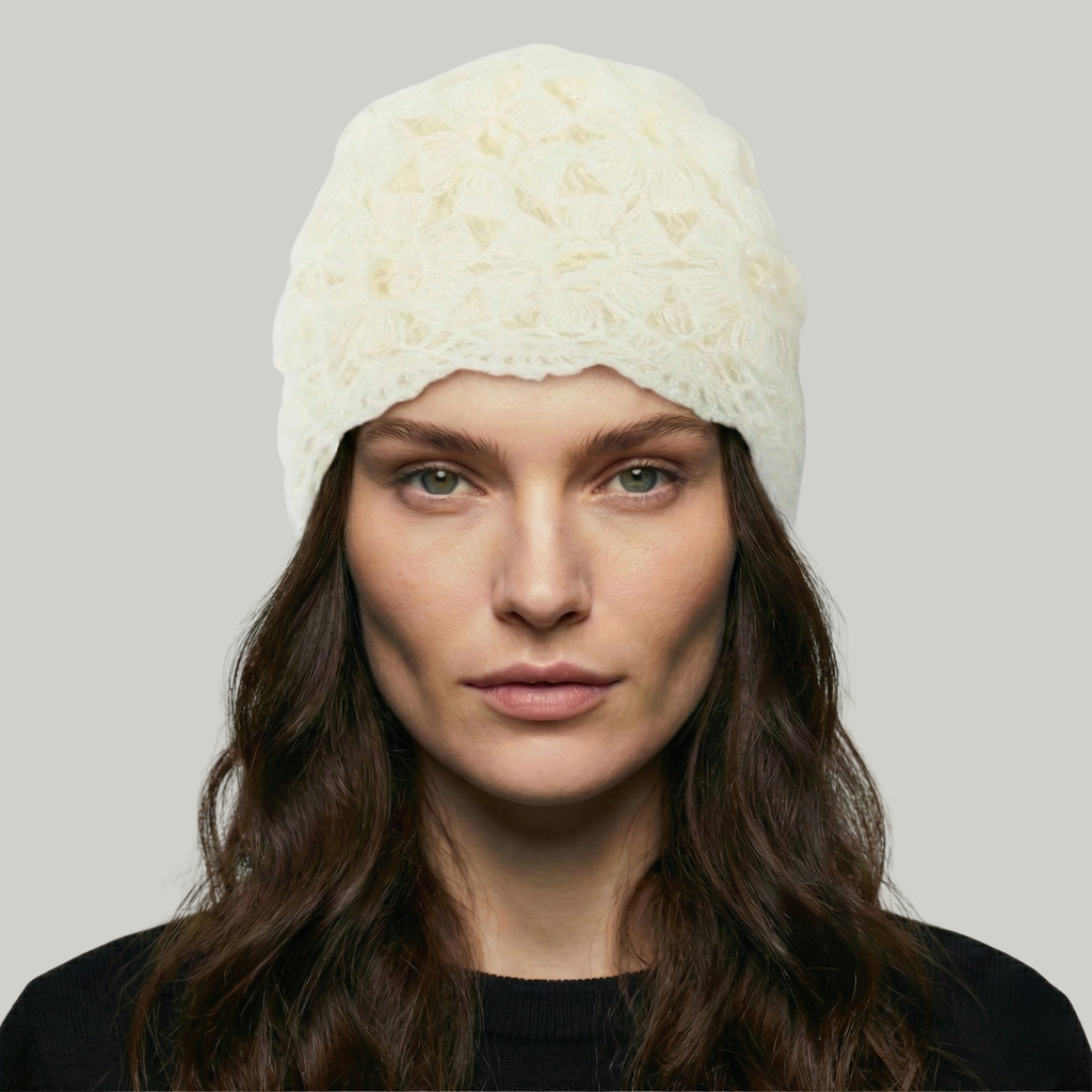 Bonnet Crochet Femme Blanc Fleur