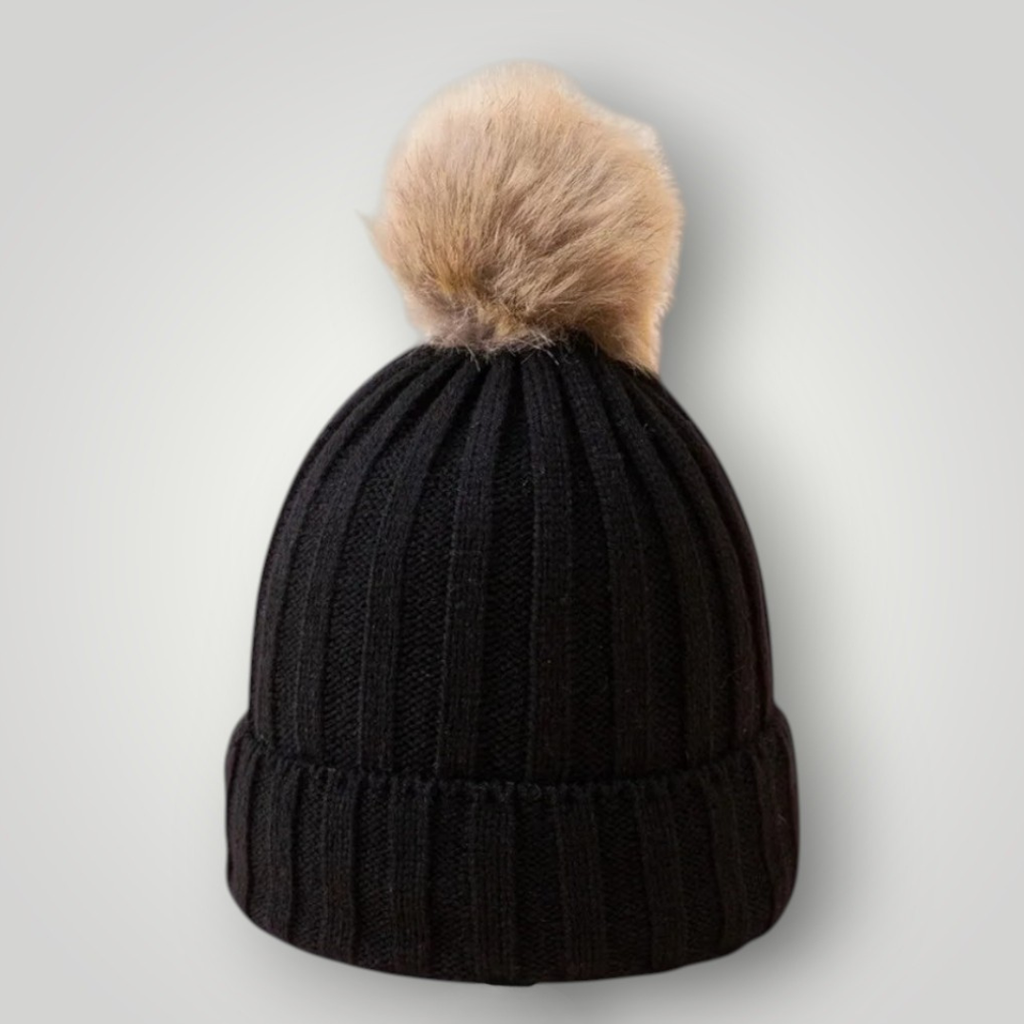 Bonnet Tricot Femme Noir avec Pompon
