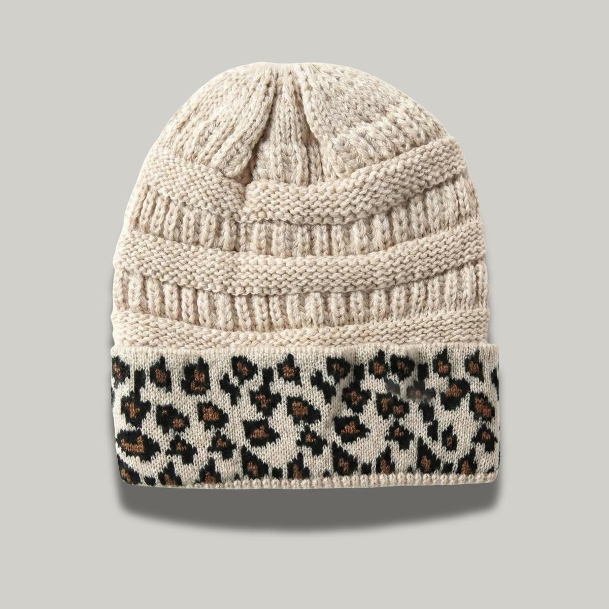 Bonnet Tricot Femme Beige Léopard