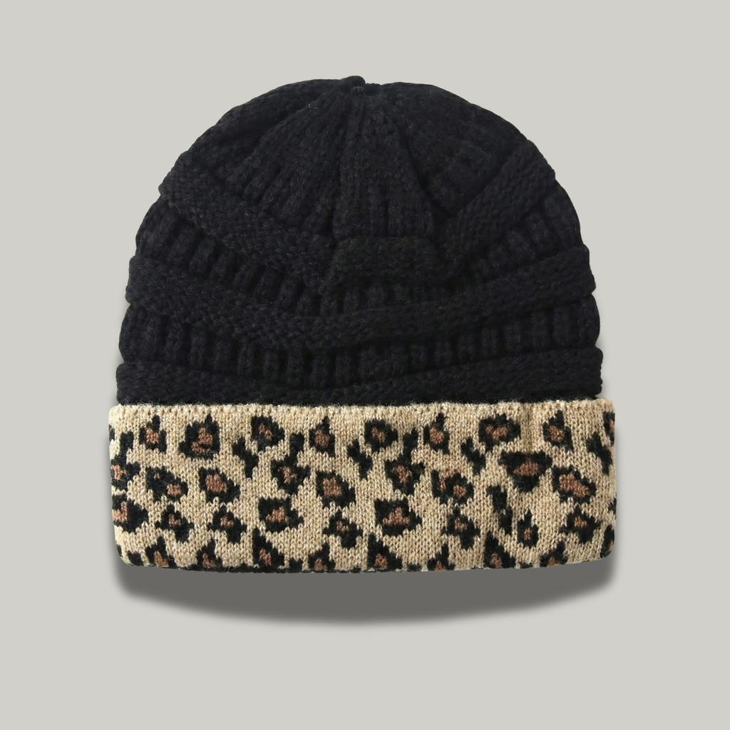Bonnet Tricot Femme Noir Léopard