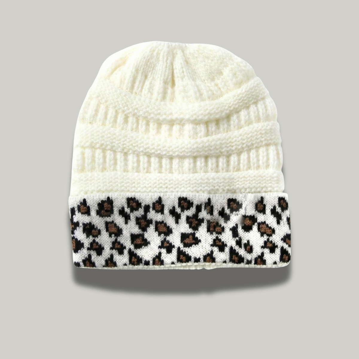 Bonnet Tricot Femme Blanc Léopard