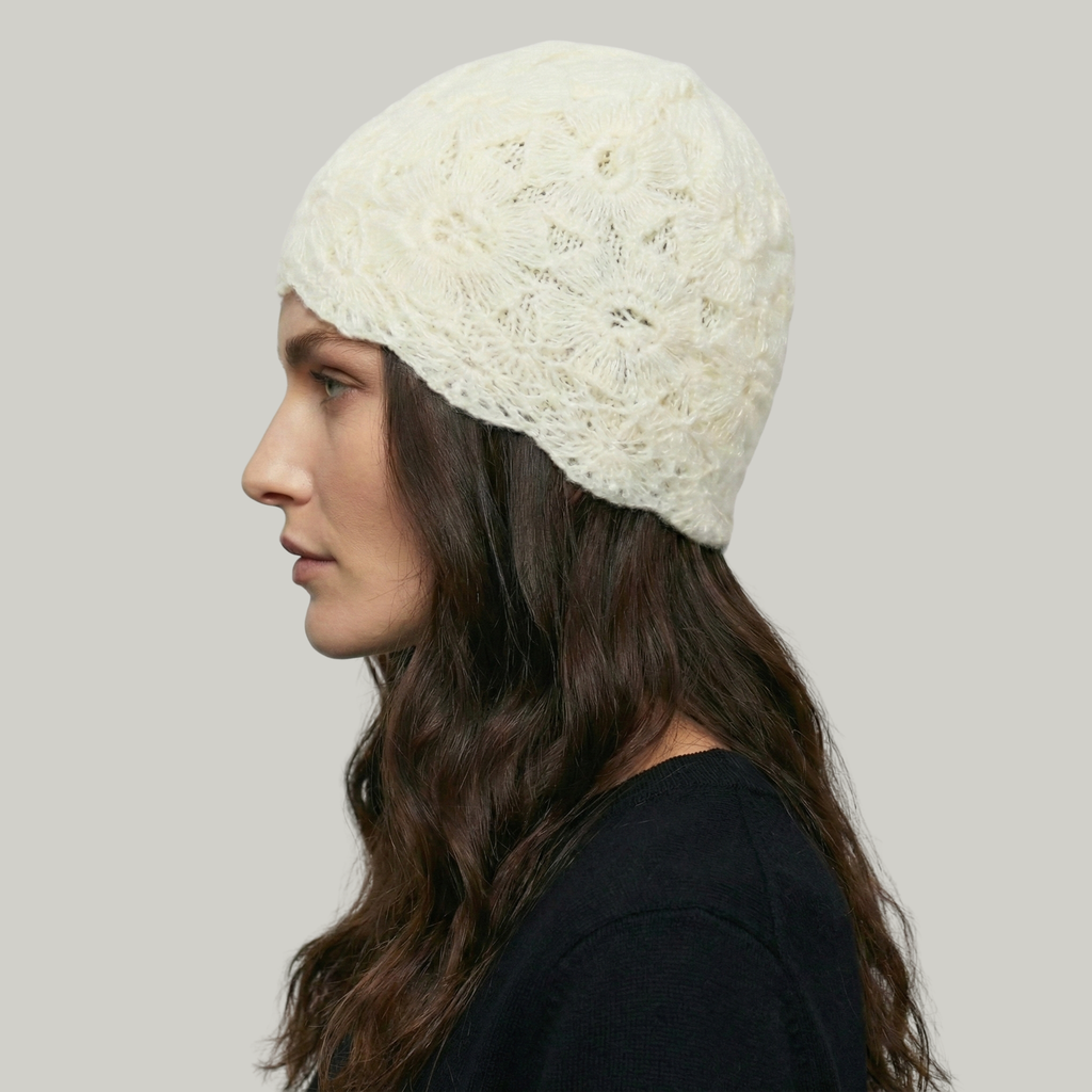 Bonnet Crochet Femme Blanc Fleur