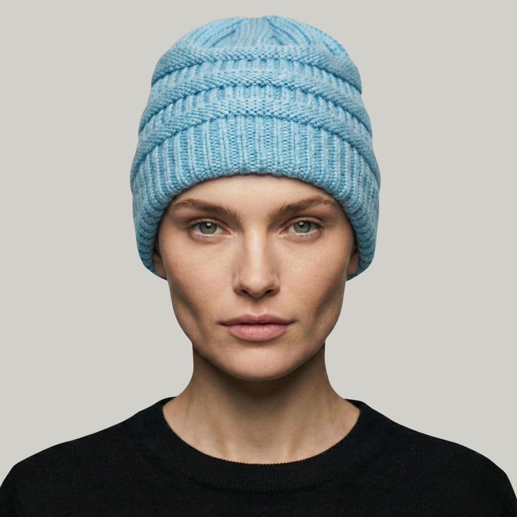 Bonnet Tricot Femme Bleu à Relief