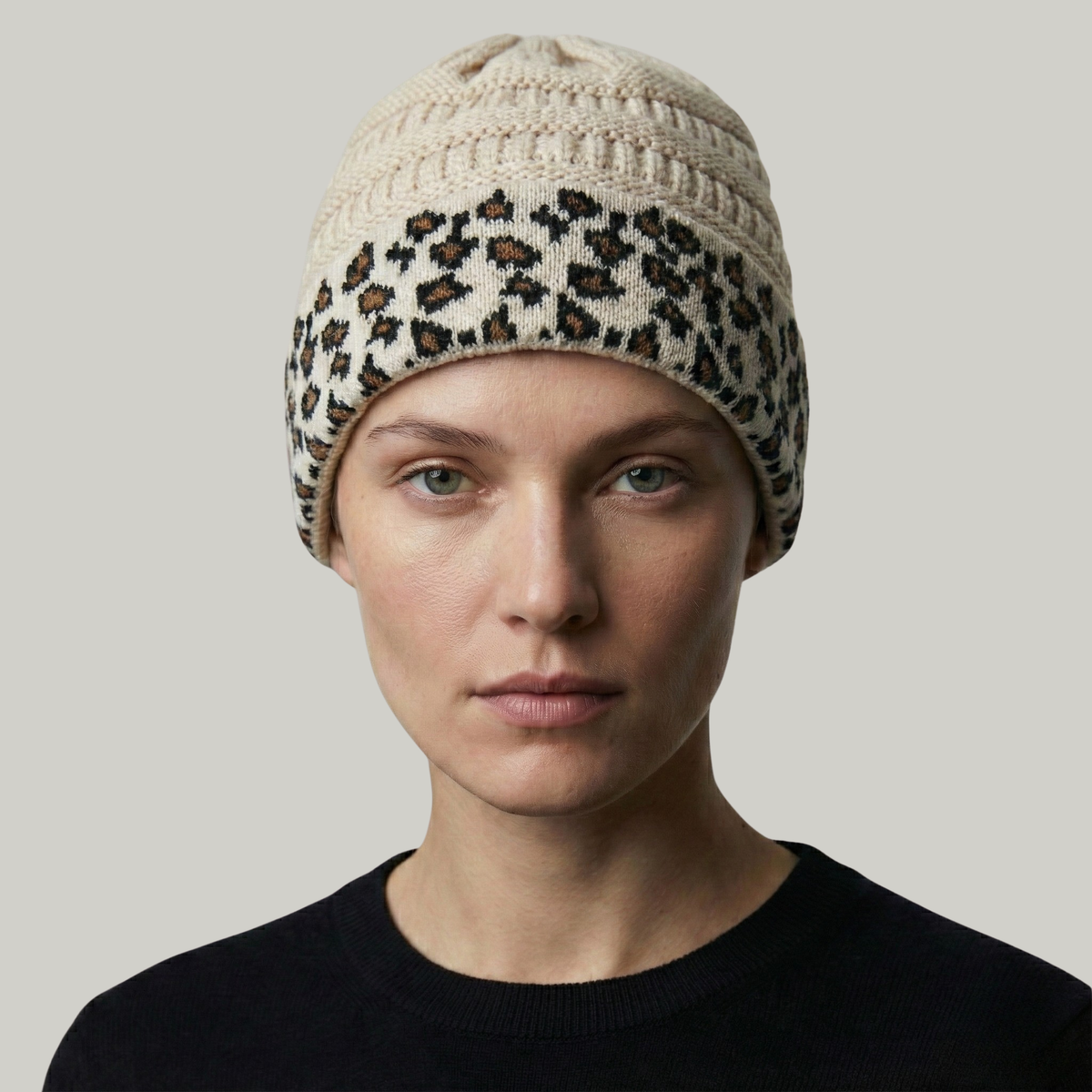 Bonnet Tricot Femme Beige Léopard