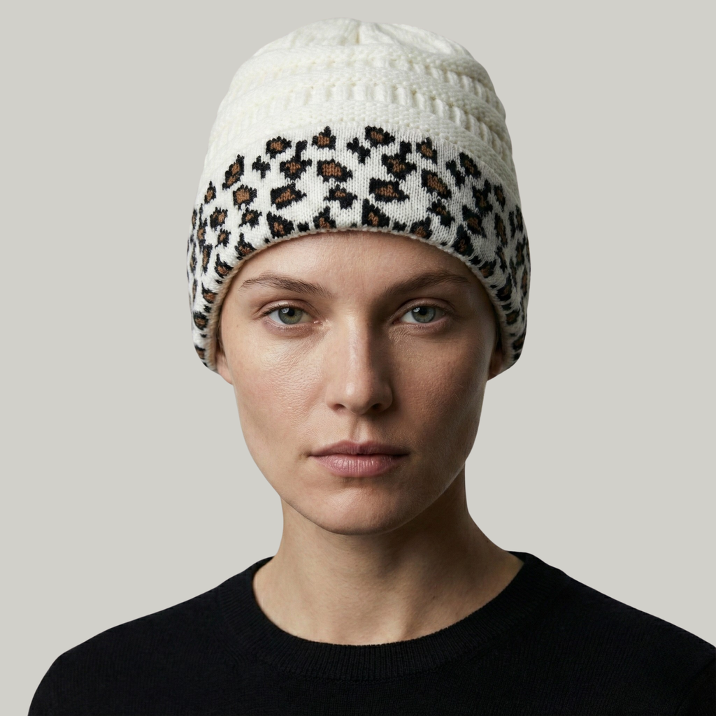 Bonnet Tricot Femme Blanc Léopard
