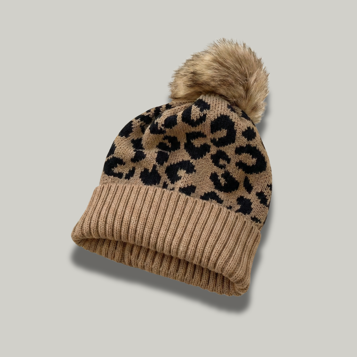 Bonnet Tricot Femme Marron Léopard Pompon