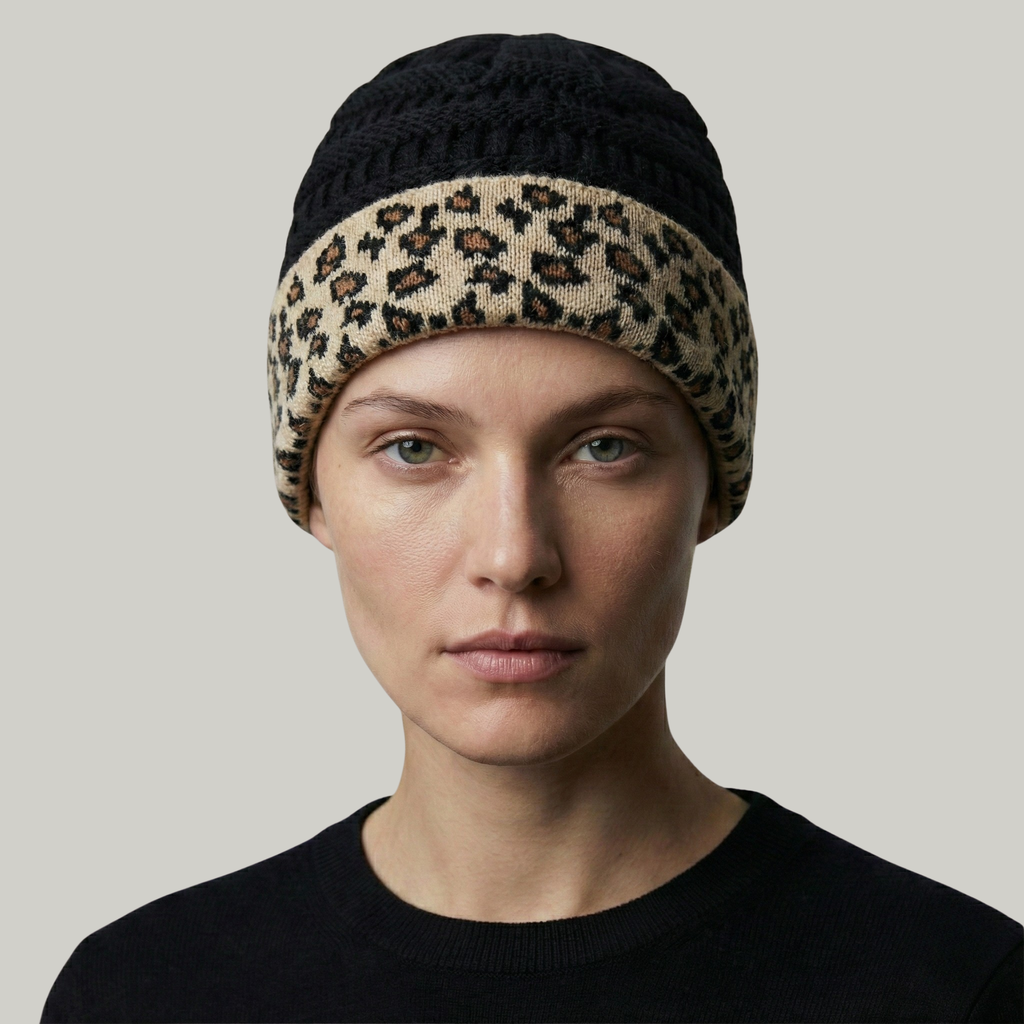 Bonnet Tricot Femme Noir Léopard