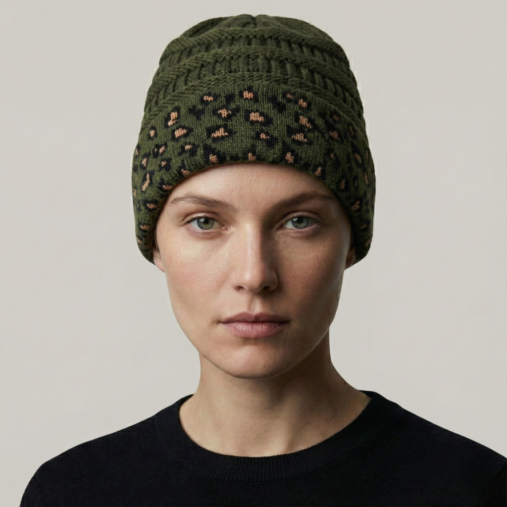 Bonnet Tricot Femme Vert Léopard