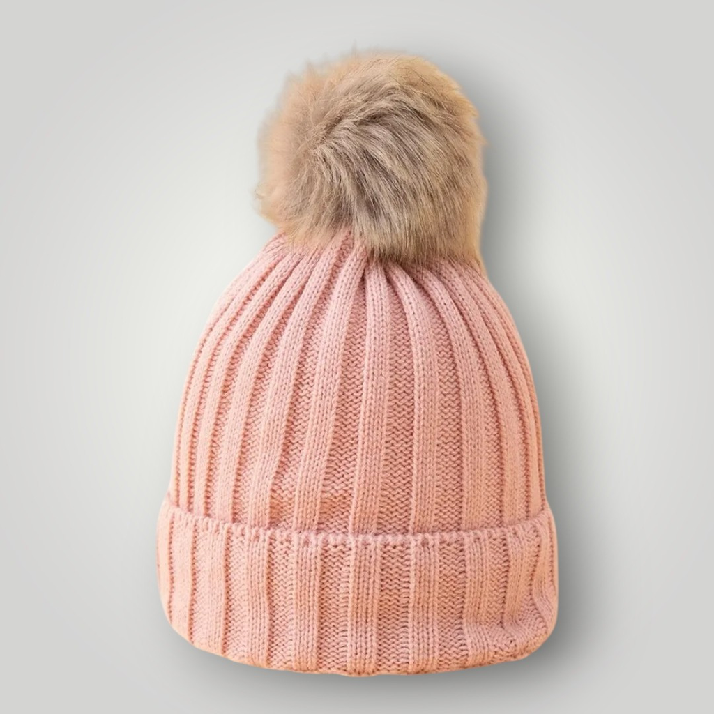 Bonnet Tricot Femme Rose avec Pompon