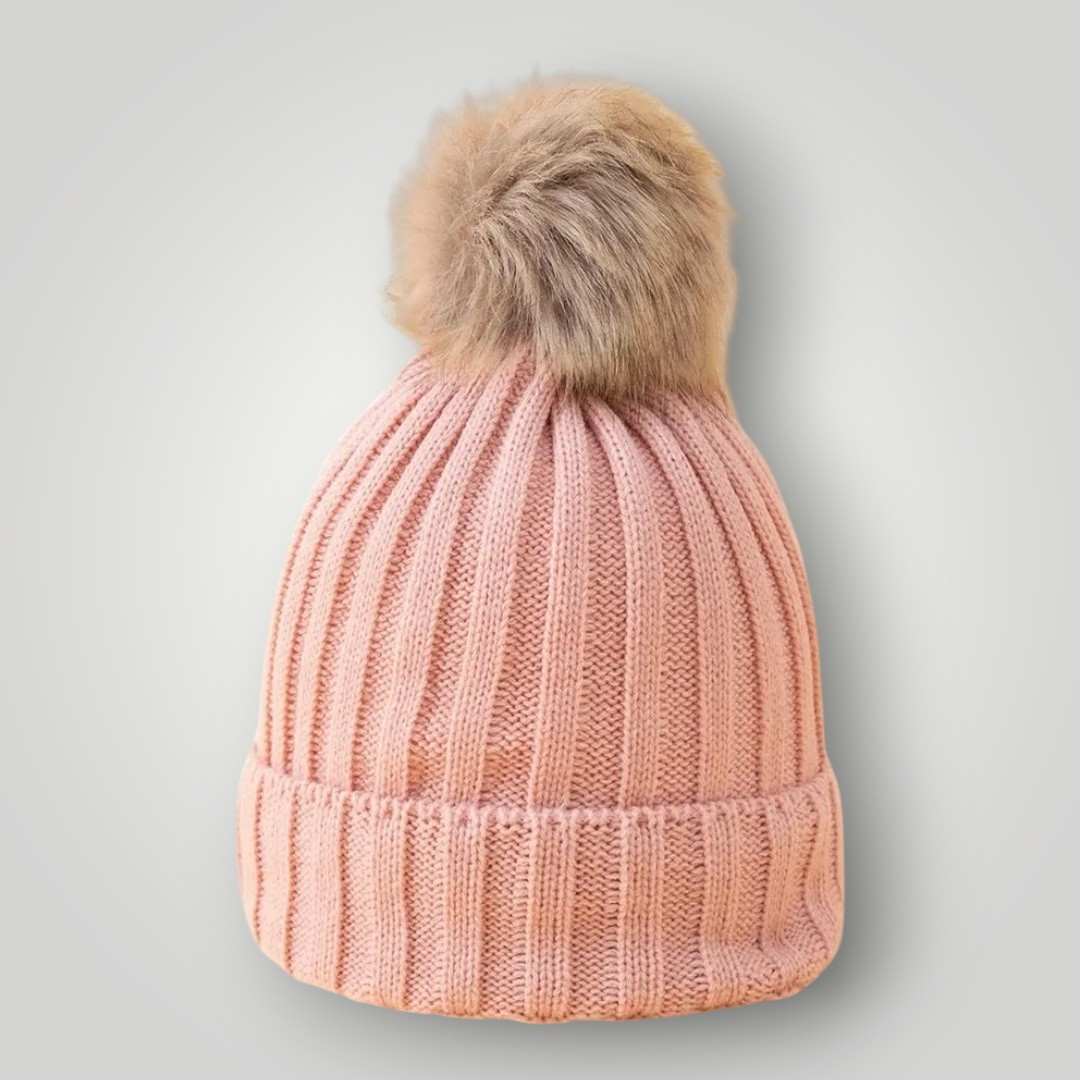 Bonnet Tricot Femme Rose avec Pompon