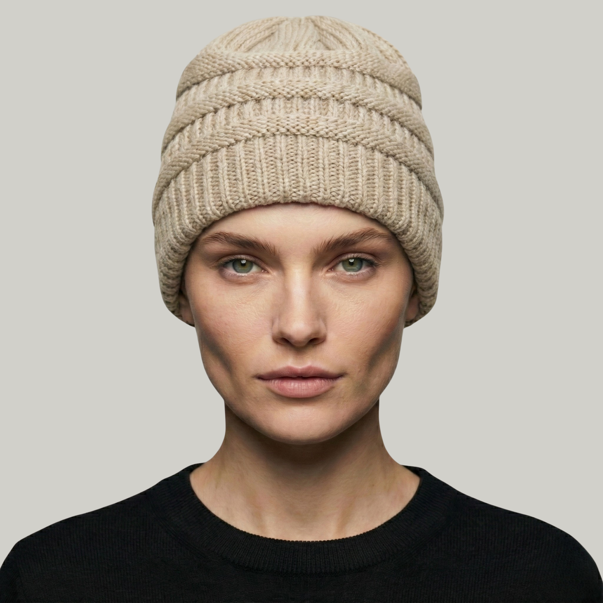 Bonnet Tricot Femme Beige à Relief