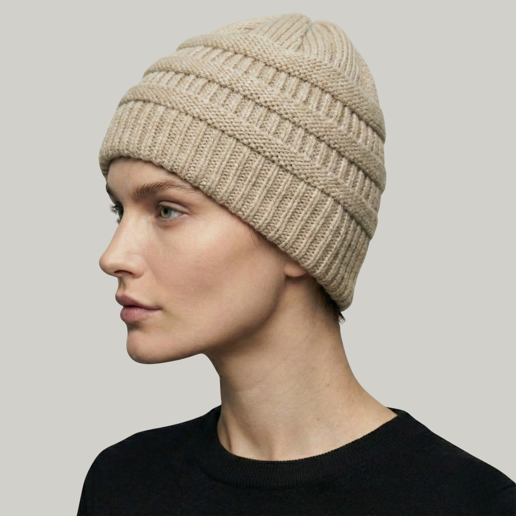 Bonnet Tricot Femme Beige à Relief