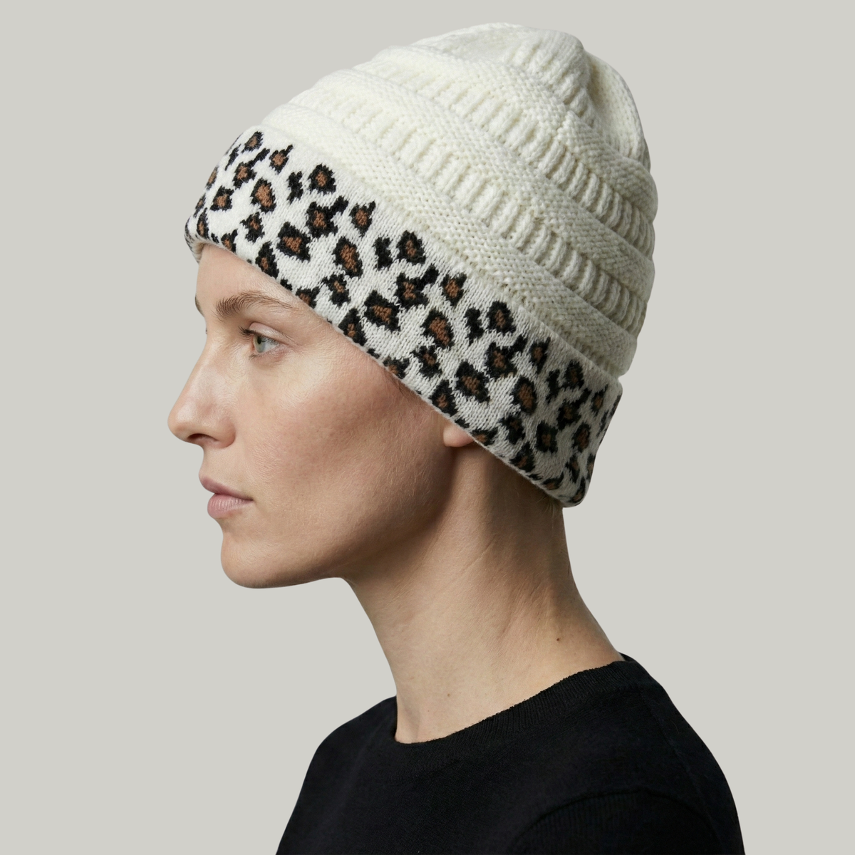 Bonnet Tricot Femme Blanc Léopard