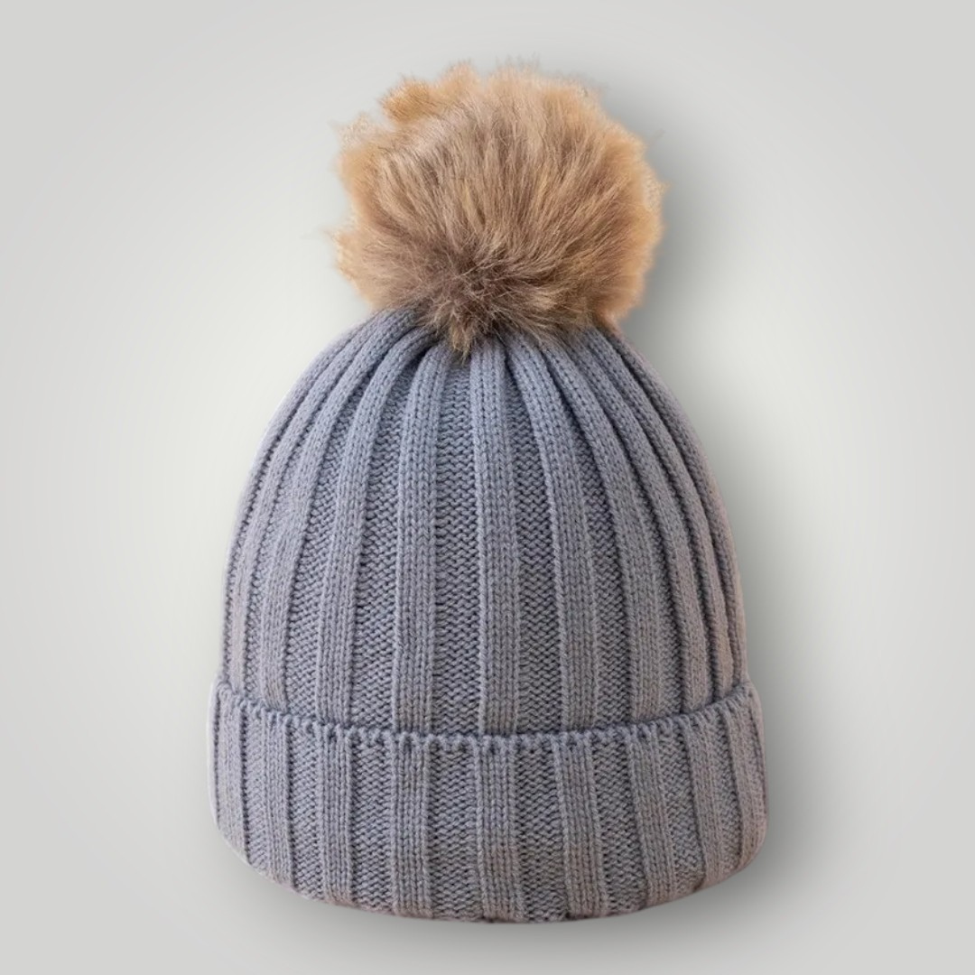 Bonnet Tricot Femme Gris avec Pompon