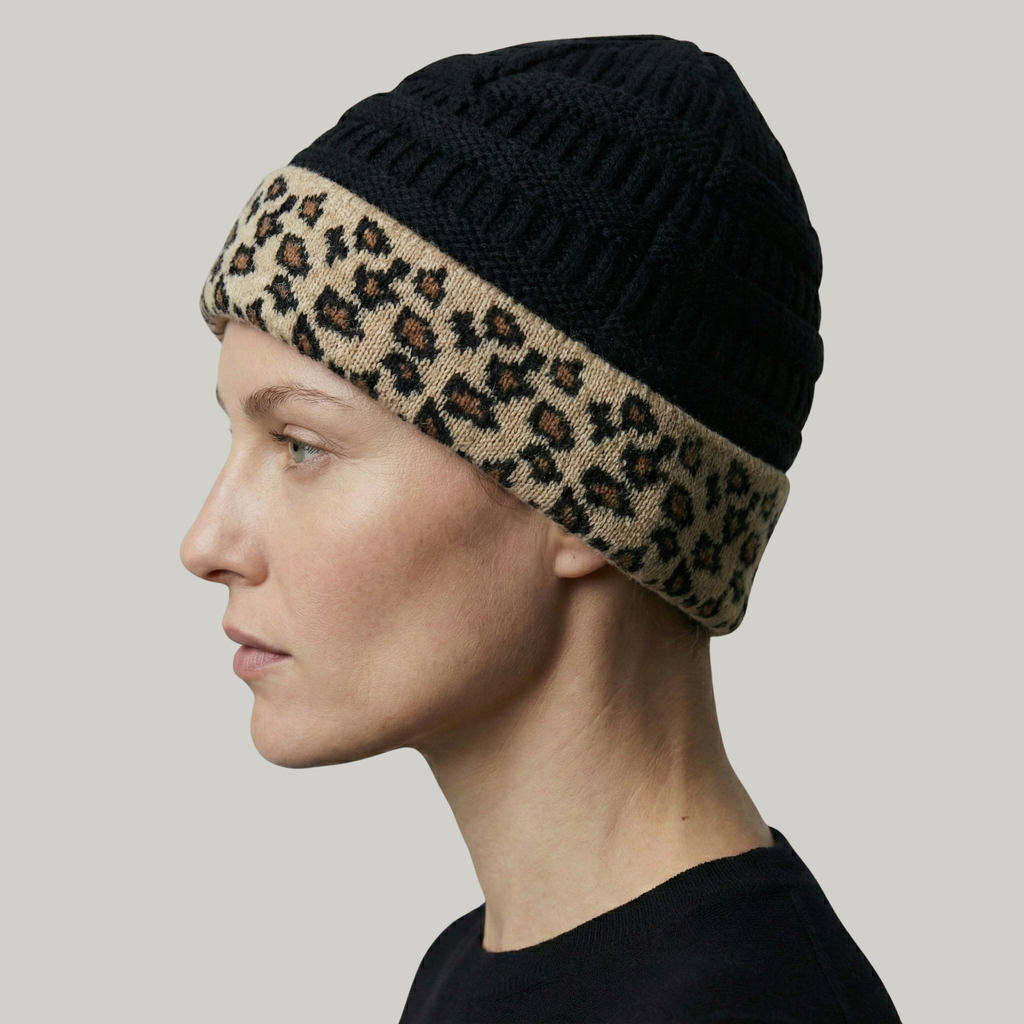 Bonnet Tricot Femme Noir Léopard