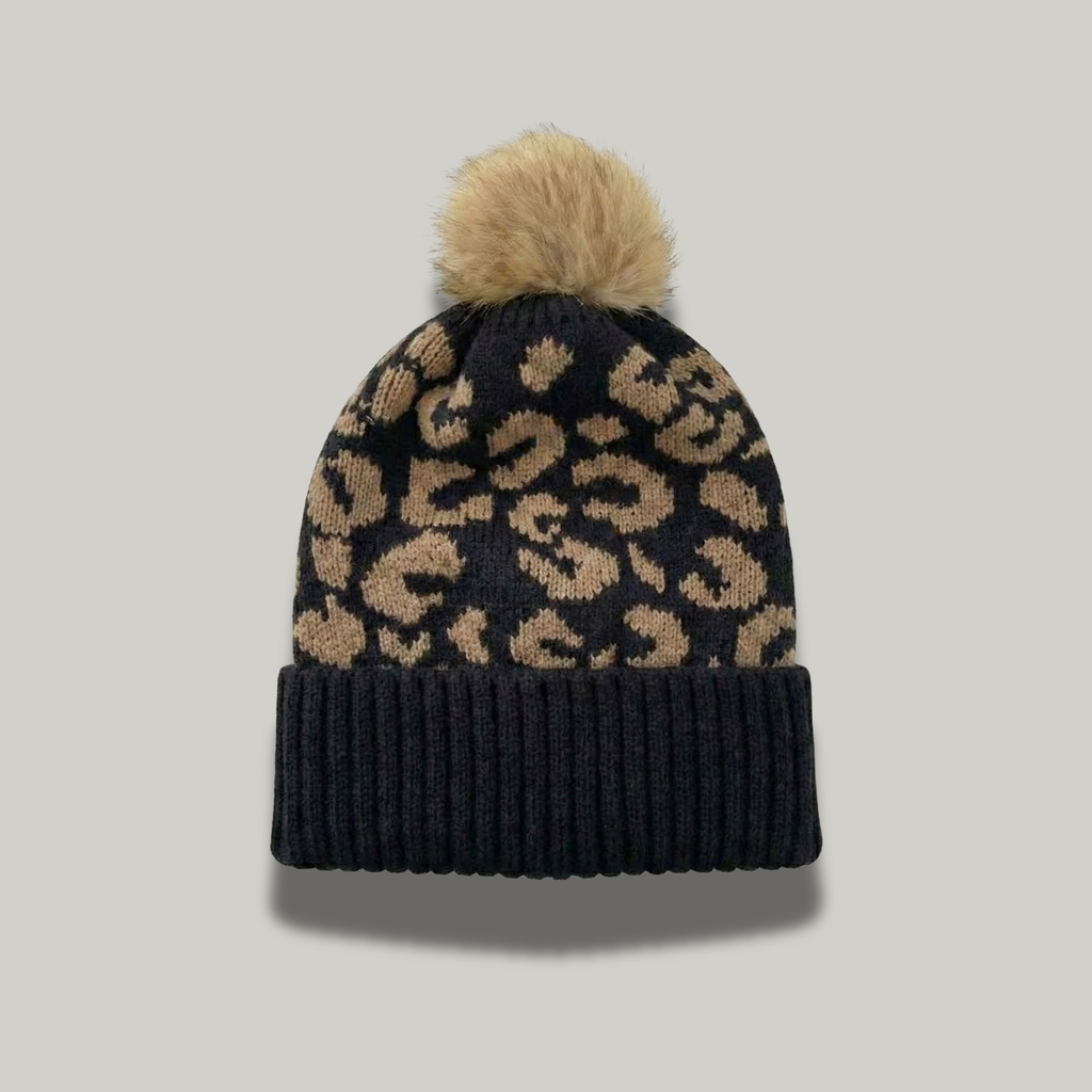 Bonnet Tricot Femme Noir Léopard Pompon