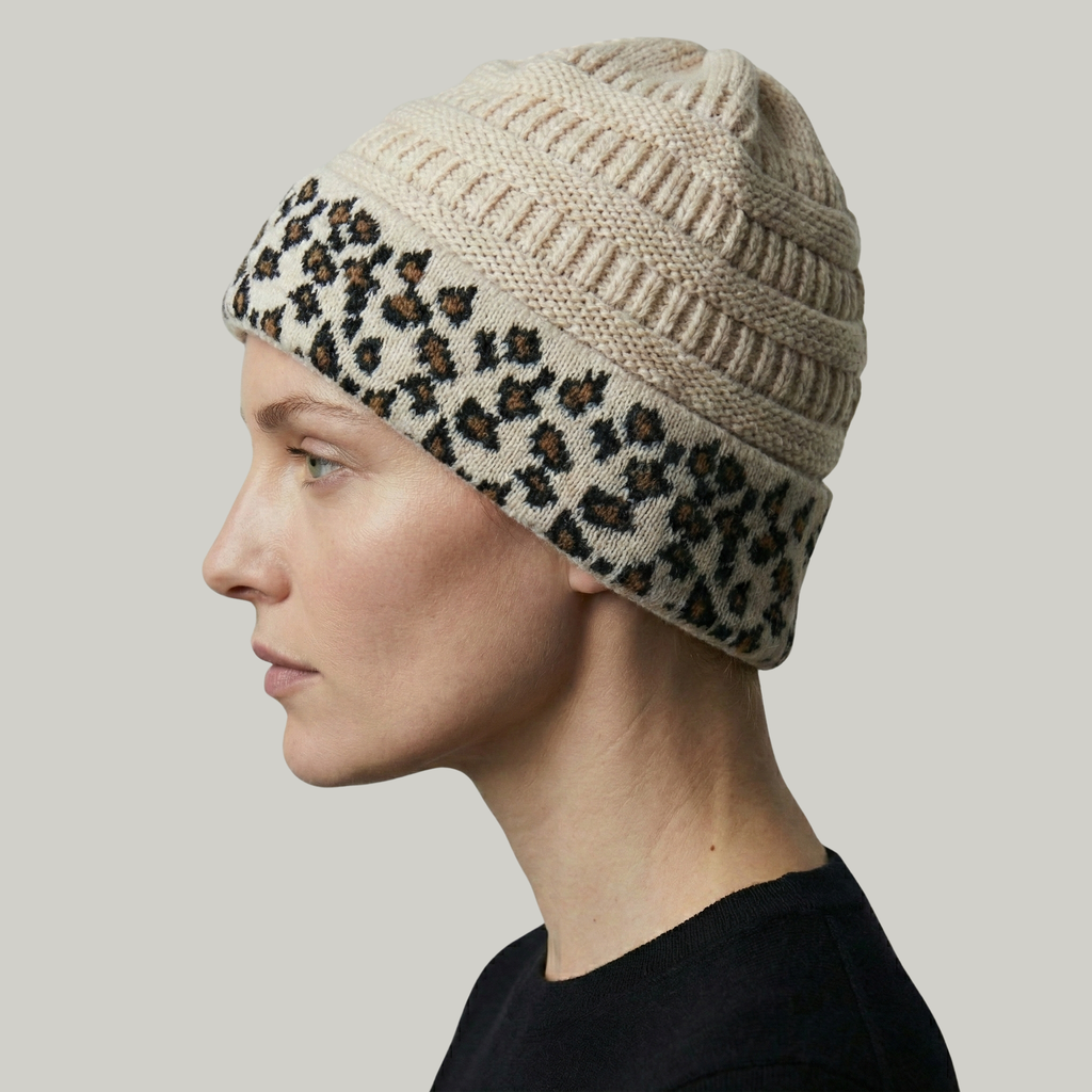 Bonnet Tricot Femme Beige Léopard