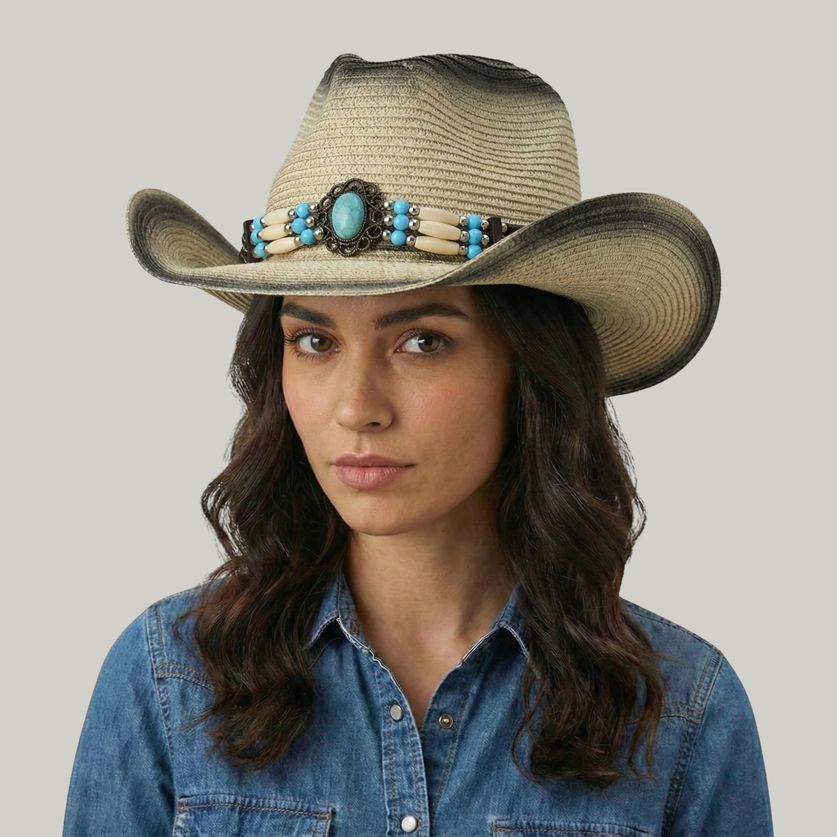 Chapeau de Cowboy Femme Beige à Perles