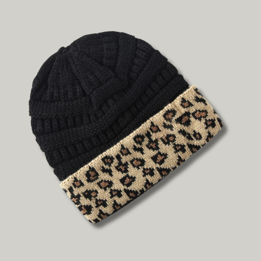 Bonnet Tricot Femme Noir Léopard