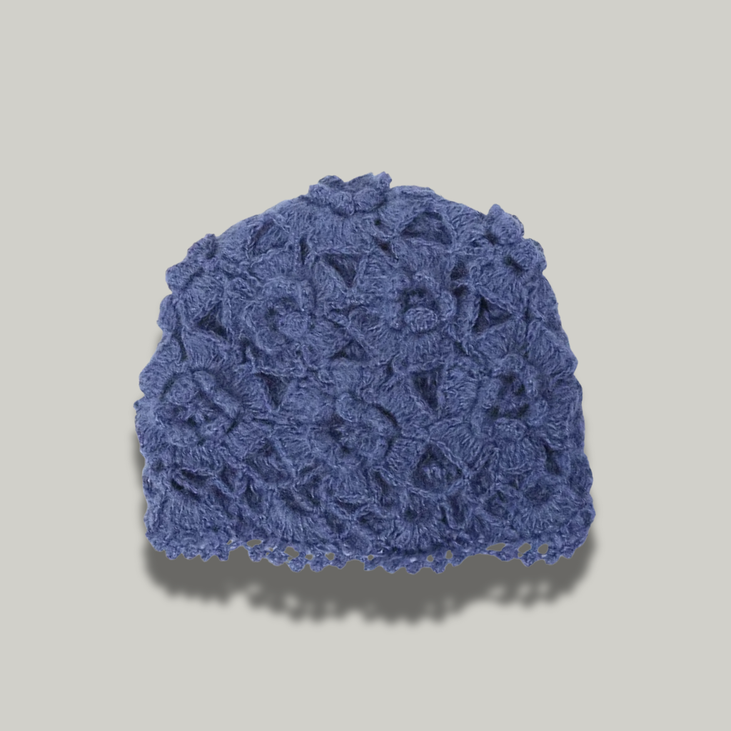 Bonnet Crochet Femme Bleu Fleur
