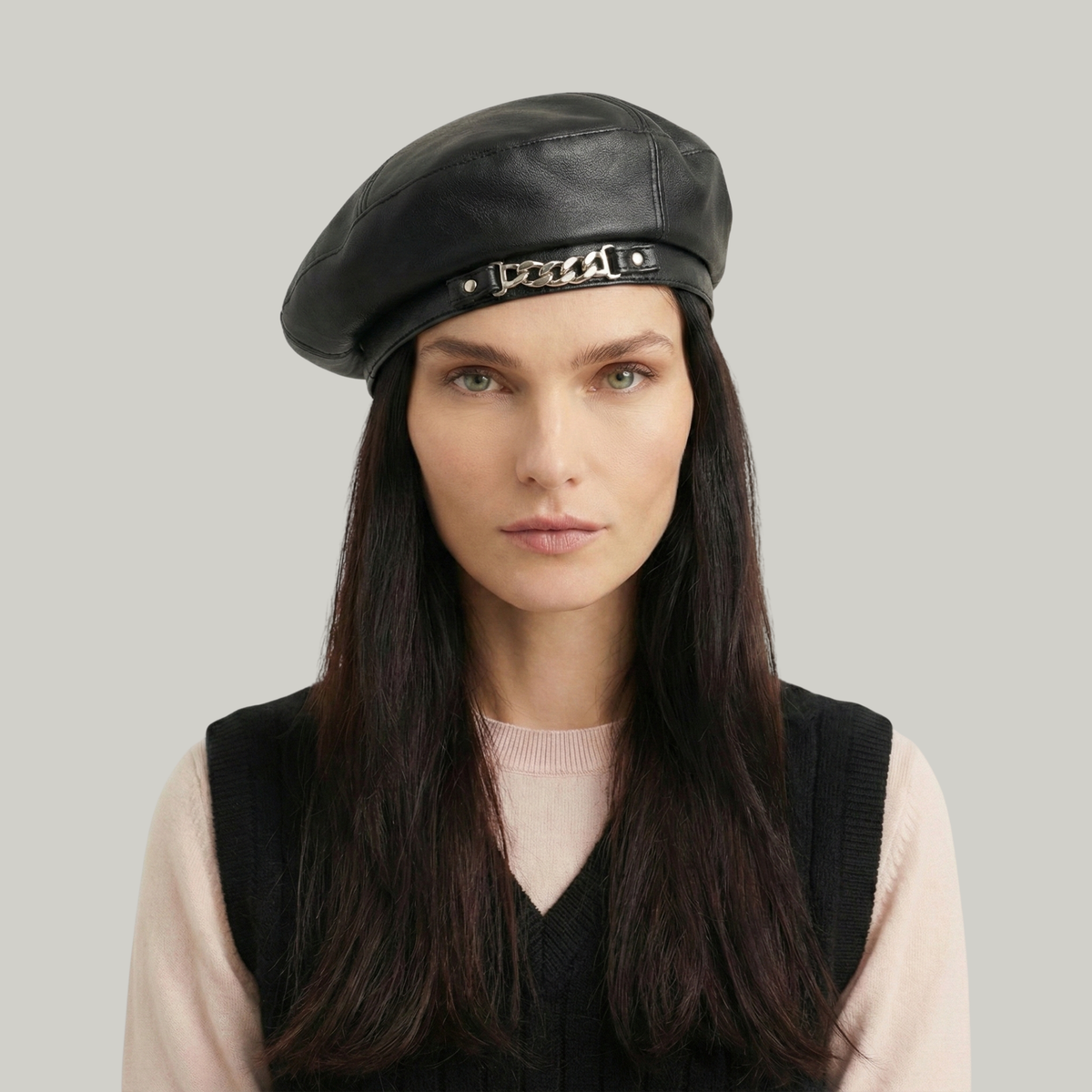 Béret Basque Femme Noir Simili-Cuir