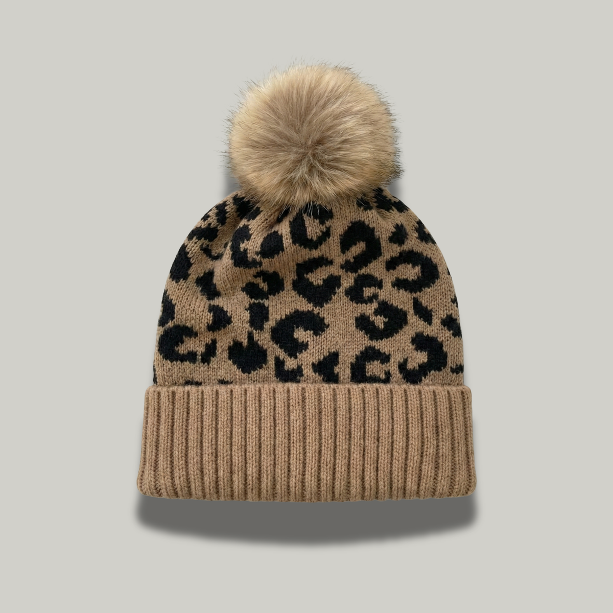 Bonnet Tricot Femme Marron Léopard Pompon