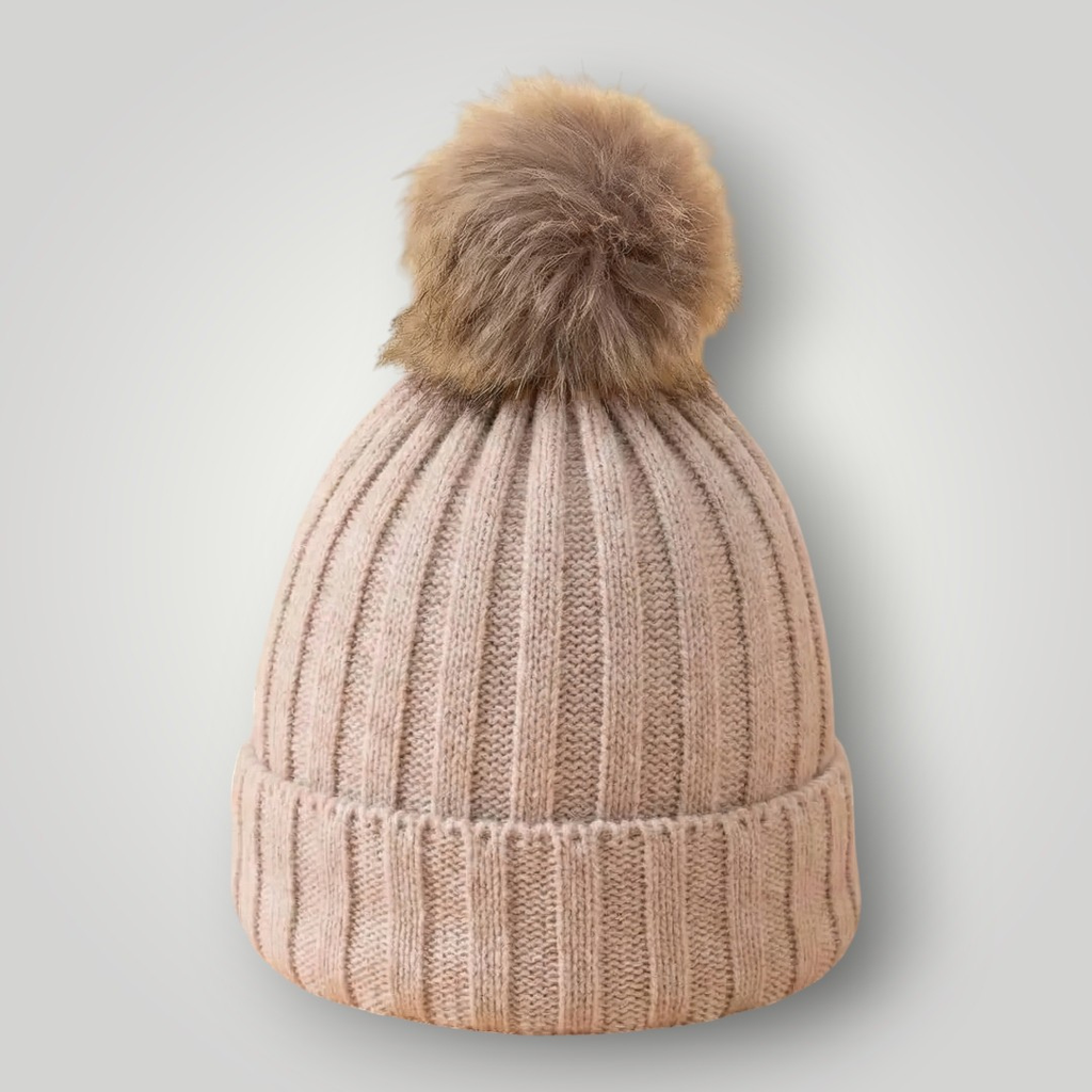 Bonnet Tricot Femme Beige avec Pompon