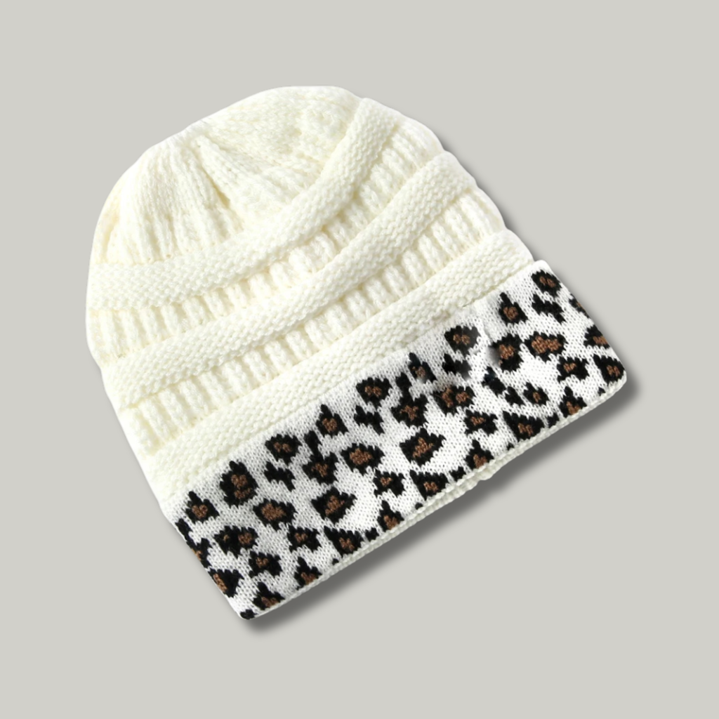 Bonnet Tricot Femme Blanc Léopard