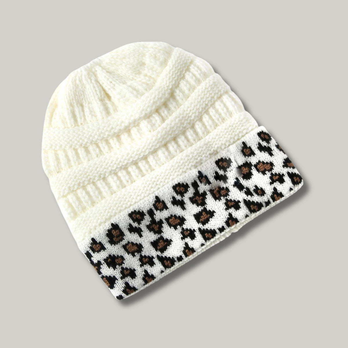 Bonnet Tricot Femme Blanc Léopard