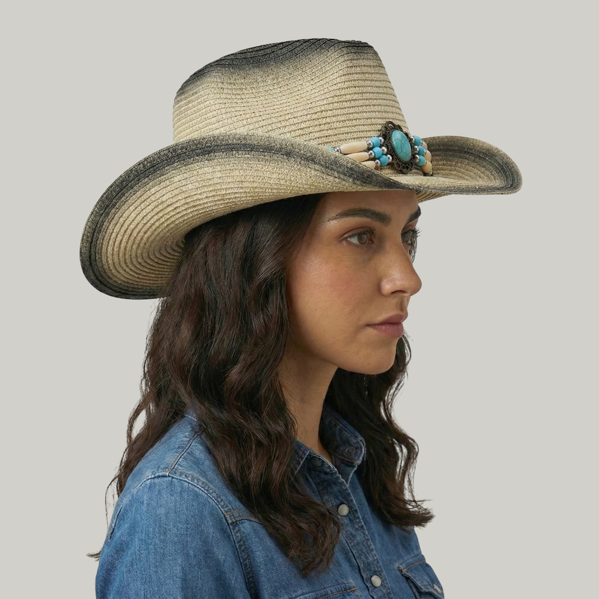 Chapeau de Cowboy Femme Beige à Perles