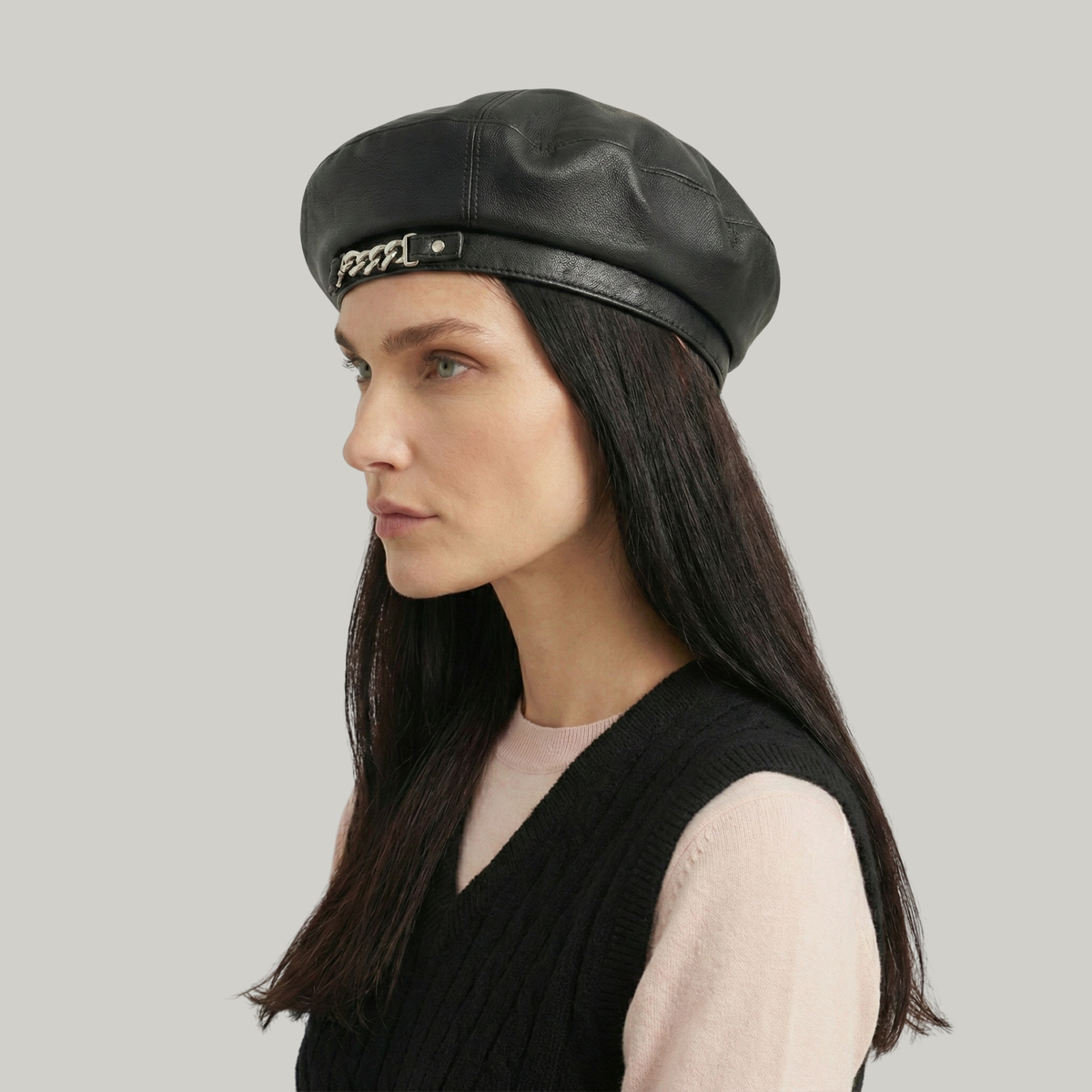 Béret Basque Femme Noir Simili-Cuir