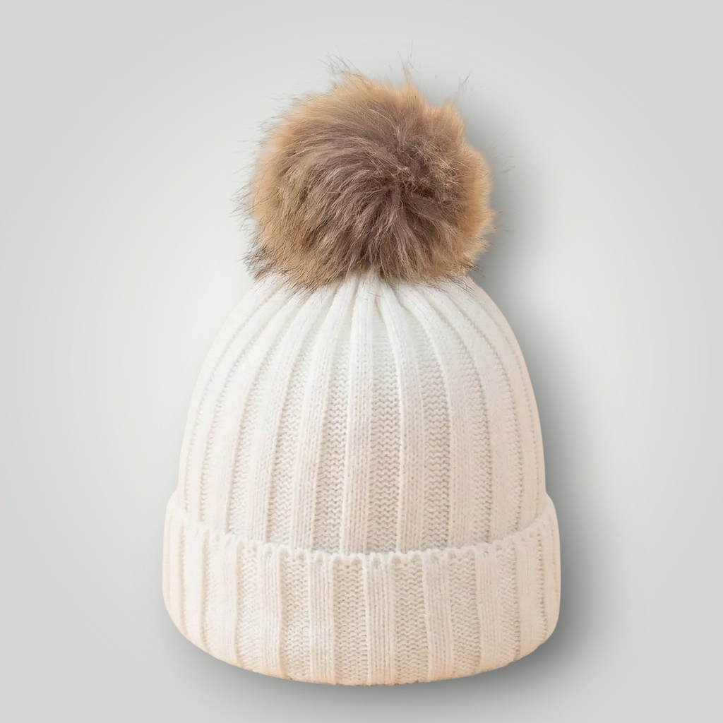 Bonnet Tricot Femme Blanc avec Pompon