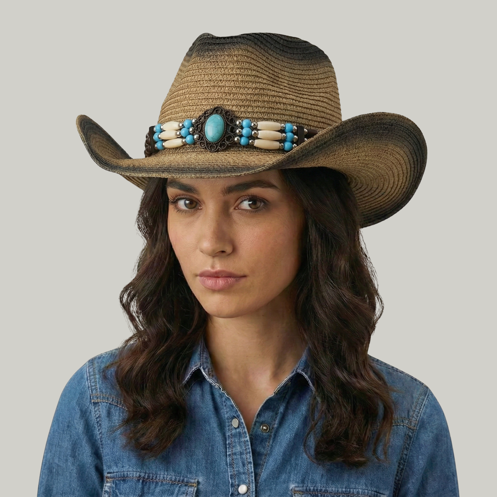 Chapeau de Cowboy Femme Marron à Perles