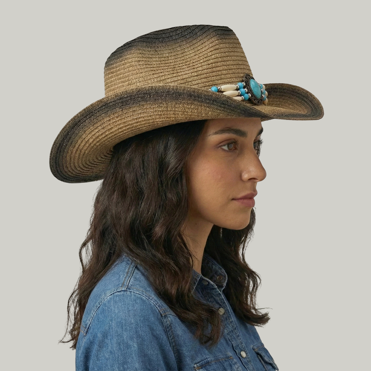 Chapeau de Cowboy Femme Marron à Perles