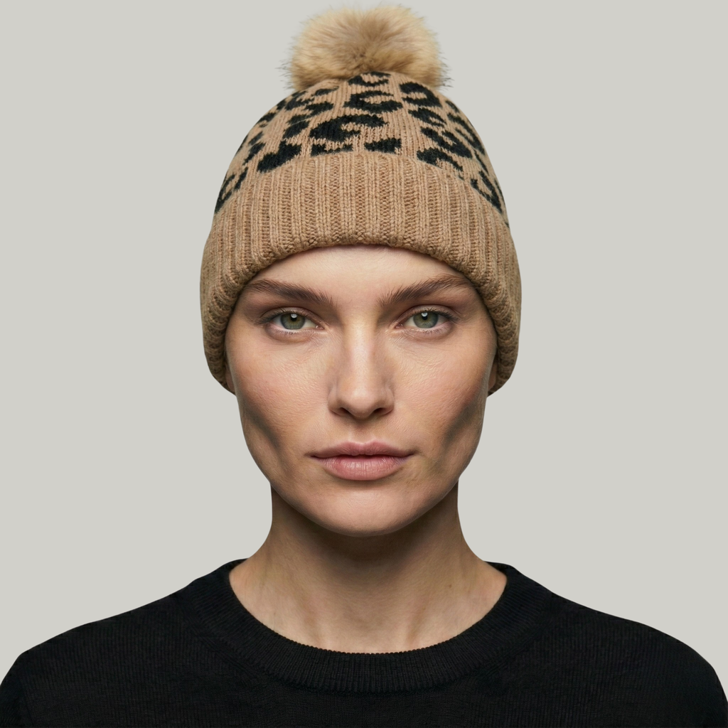 Bonnet Tricot Femme Marron Léopard Pompon