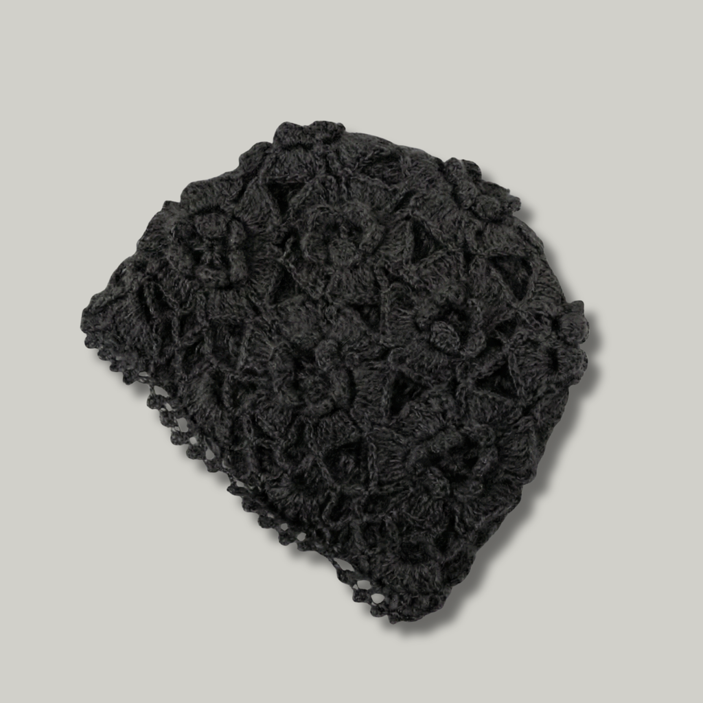 Bonnet Crochet Femme Noir Fleur